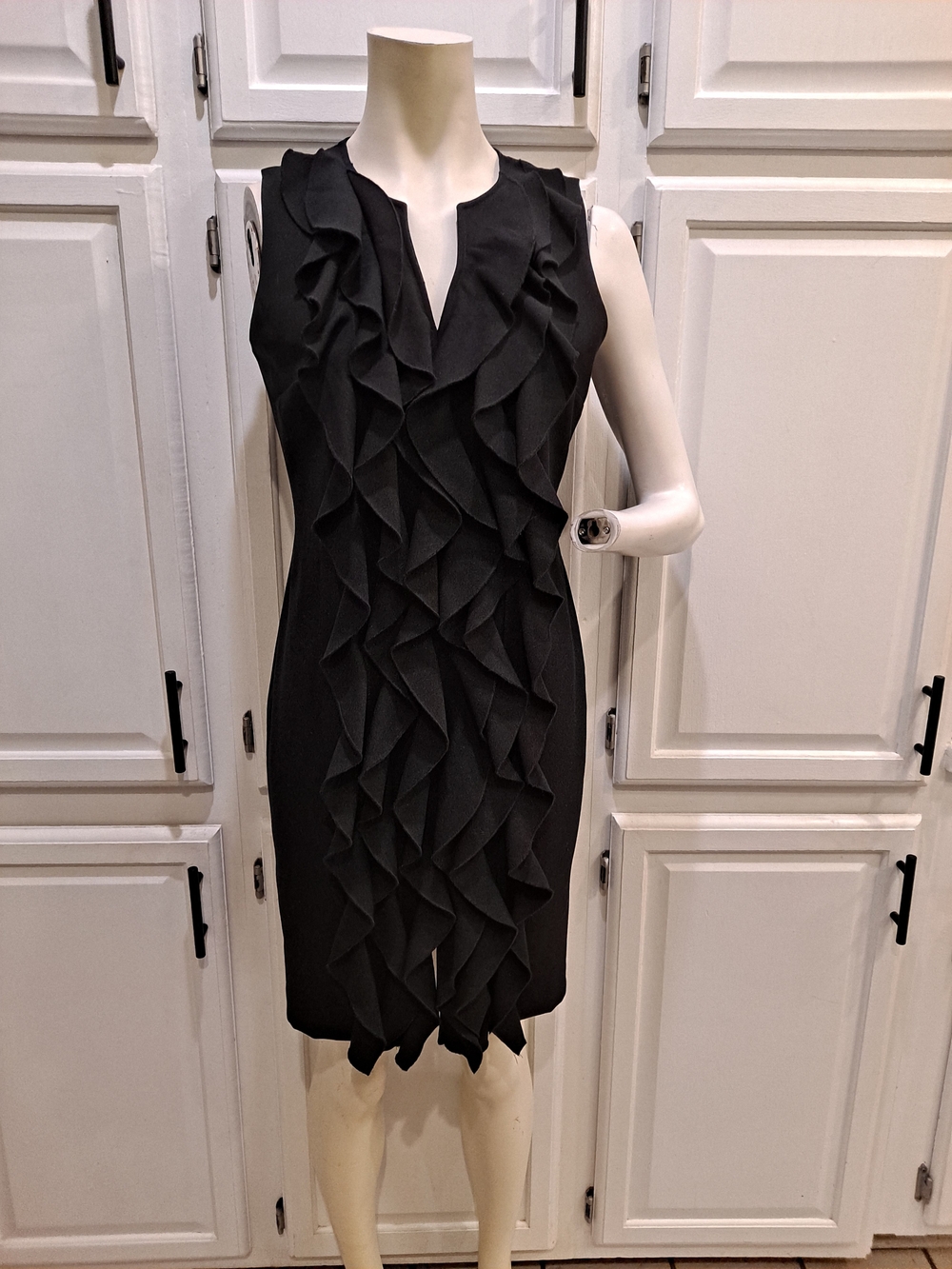 Calvin Klein Classic Black Sleeveless Full Ruffle-Front Midi Sheath Dress